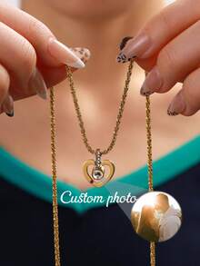 Customized Photo Projection Heart Pendant Necklace, Stainless Steel Wave Chain Necklace, Family, Couples, Birthday, Anniversary, Valentine's Day, New Year Gift, Casual, Cute, Customized, Personalized, Unique, Suitable For Girlfriend, Mother, Family, Friends, Daughter, Anniversary, Valentine's Day, Mother's Day, Birthday, Graduation, Daily Wear, Wedding, Prom, Personalized Jewelry, Christmas Gift - Multicolor-style 2 - View 2