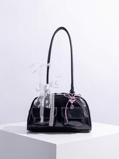 حقيبة بولينج مزينة بعقدة الشريط والدانتيل قطعة واحدة، حقيبة كتف متعددة الجيوب مع إغلاق سحاب