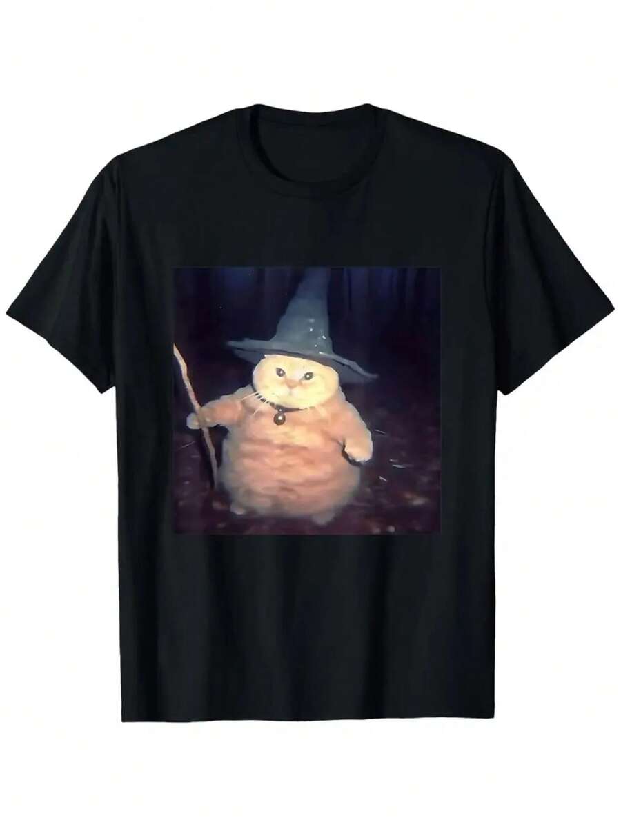 Kitty Wizard T-Shirt Unisex Men's/Women's Blouse 100% Cotton Premium Top Streetwear New Release Immediate Shipping Various Colors!! Plus Size - 黑色 - 查看 1