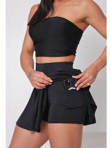 WOLFOX Women's Gym Shorts Skirt In Supplex Fabric With Pocket – High Waist, Compression And Comfort For Training And Running - 黑色 - 查看 2