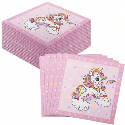 20 Pink-Themed Napkins - Pink Background With Rainbow Mane, Golden Horns, Stars, And Clouds - Holiday Party Supplies For Birthdays, New Year, Valentine's Day, Mother's Day, Graduation Ceremonies | Table Decorations, Party Decorations, Party Napkins