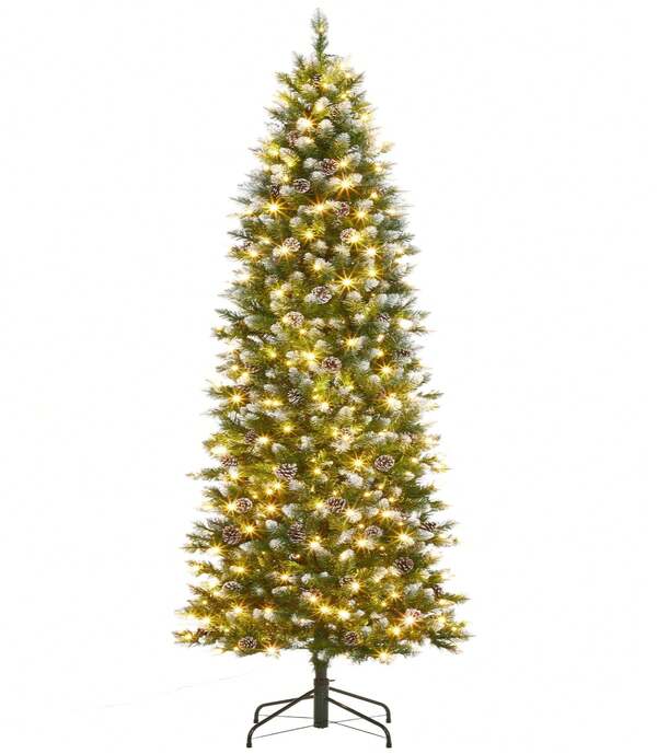Árbol de Navidad artificial de 2,3 m (7,5 pies) con luces, base plegable, decoración navideña para el hogar, fiestas, oficina, centro comercial, verde con piñas.