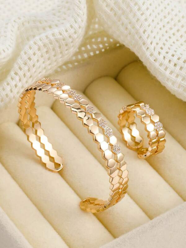 Fashionable Luxury Honeycomb Zirconia Open Ring And Bracelet Set, Suitable As Gift For Women For Daily Dates, Parties, Ramadan