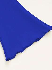 女童纯色竖条纹高弹舒适公主风长款打底裤，春夏新品，女童喇叭高腰弹力荷叶边休闲阔腿裤 - 寶藍色 - 查看 4