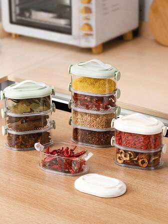 1/3 Caja portátil de especias en capas, caja sellada para frutas secas y frutos secos, recipiente apilable para almacenamiento de especias de cocina, caja sellada para conservar cebolla, jengibre y ajo para camping al aire libre, tarro de especias de cocina, almacenamiento de cocina.