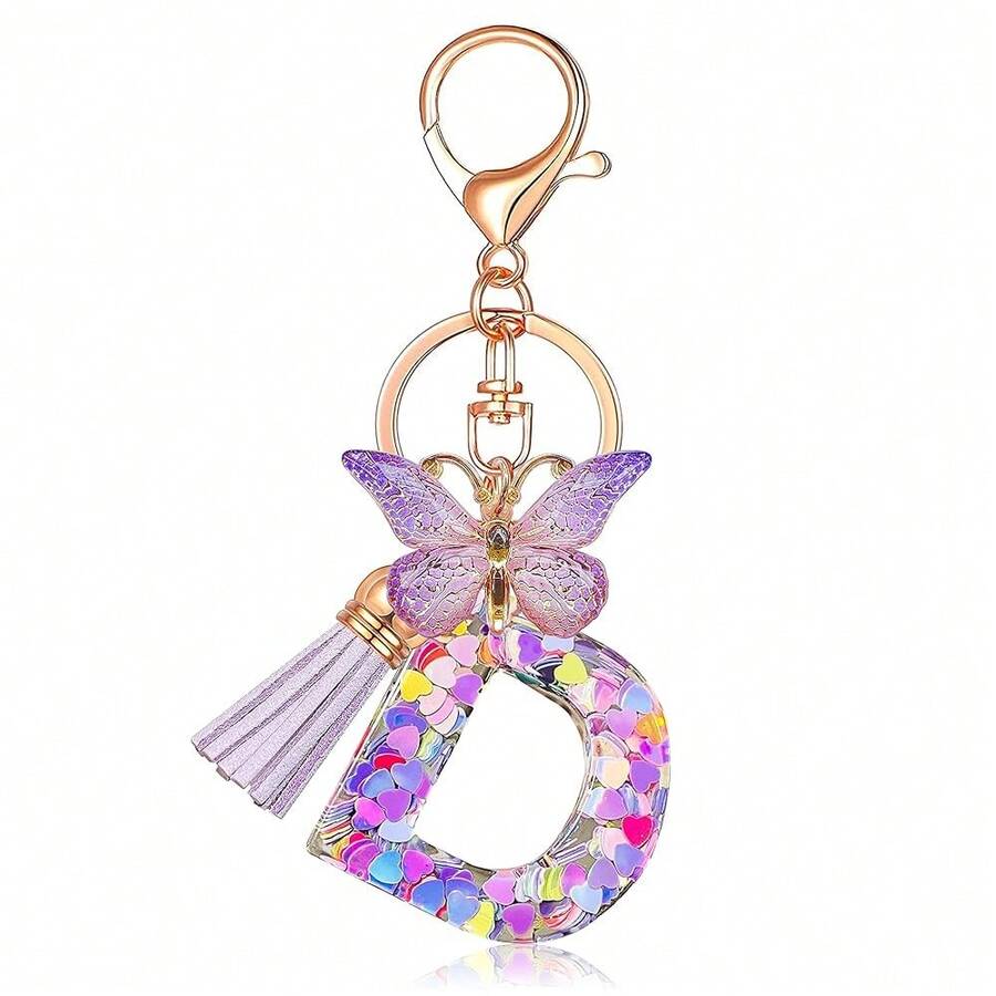JINGUAZI Initial Letter Keychains For Women Tassel Butterfly Pink Purple Cute Car Keychain For Wallet Backpack Bag Charm{Inchcolor_nameinch:InchD-Purpleinch} - D-紫色 - 查看 1