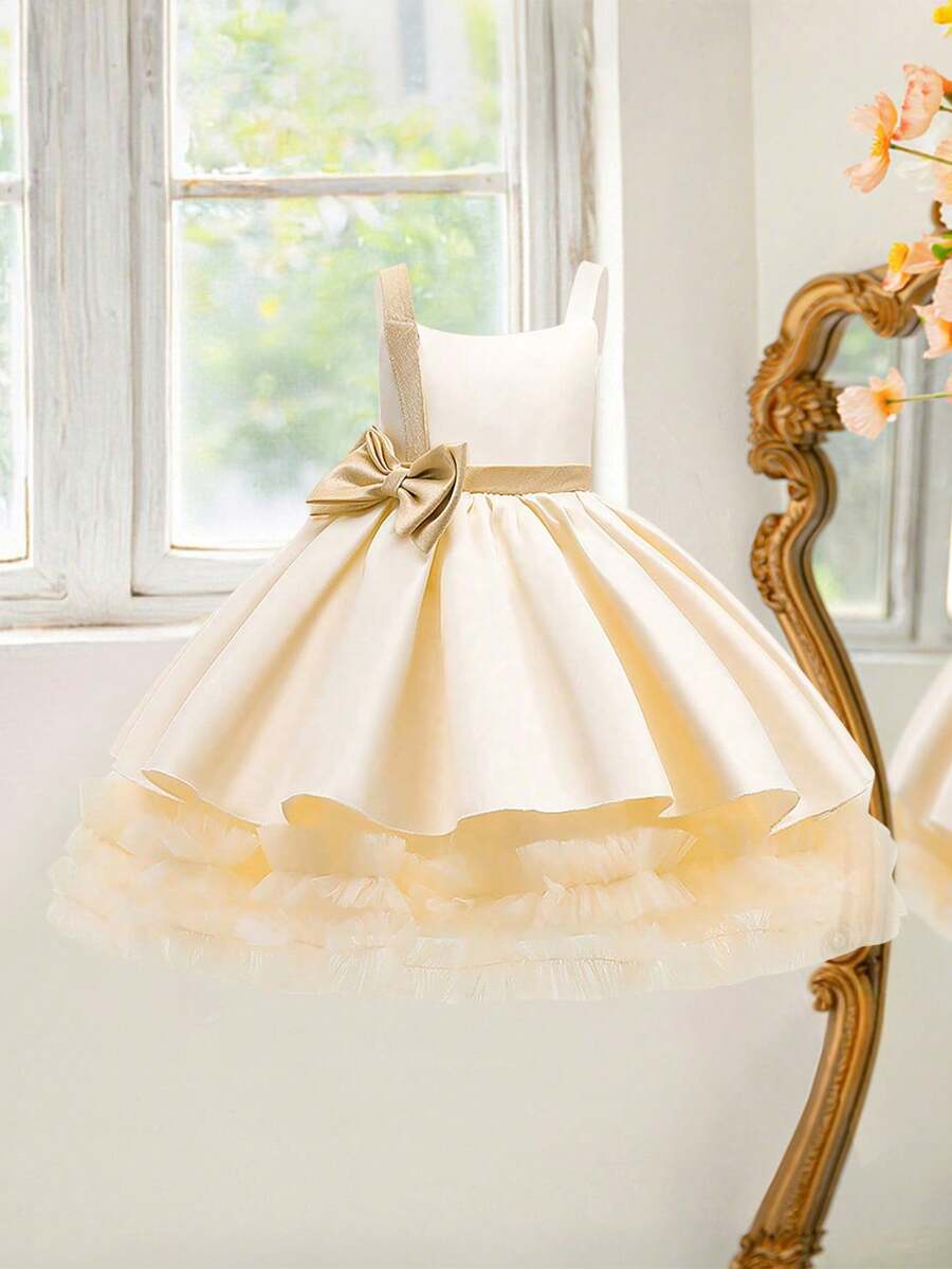 女童缎面蝴蝶结薄纱无袖正式礼服，适合婚礼花童，不含头饰