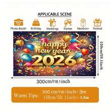 1 Piece 2026 New Year Party Backdrop - Fireworks & Gold Balloon Design With "Happy 2026" Text, Vibrant Photo Background, Suitable For Weddings, New Year Decorations, Year Banners, Happy New Year Fabric, New Year Banners, Also Suitable For Decorating Inside And Outside The Home, Multiple Sizes Available - Color - View 13