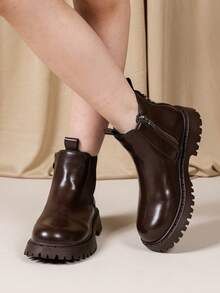 女童保暖内衬踝靴，休闲仿毛皮短靴，学院风拉链平底皮靴，简约儿童踝靴，适合秋冬季穿着 - 棕色 - 查看 4