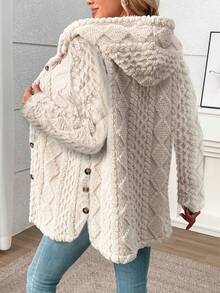 Long Solid Color Diamond Pattern Fleece Front Button Cardigan, Everyday Wear, Autumn/Winter - Rice Apricot - View 1