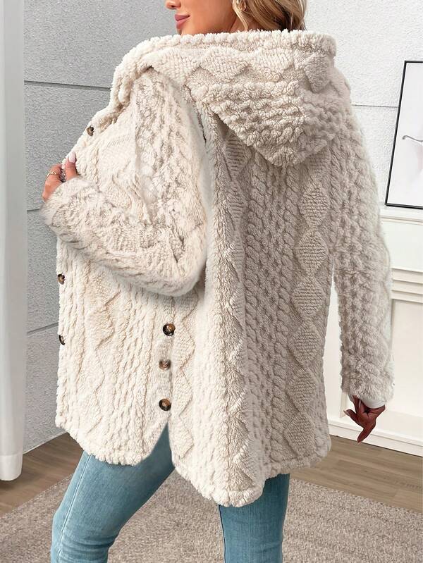 Cardigan longo de lã com estampa de diamantes e botões frontais, uso diário, outono/inverno