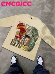 EMCGICC Manfinity Y2k Long Sleeve Shirts ,Graphic T Shirt Cotton 250g,Fashionable Hip-Hop For Men -  Long Sleeve T-Shirts, Funny Vintage Shirts,Regular Fit, Street Style, Digital Print,  Ideal Gift - Màu be - Xem 2