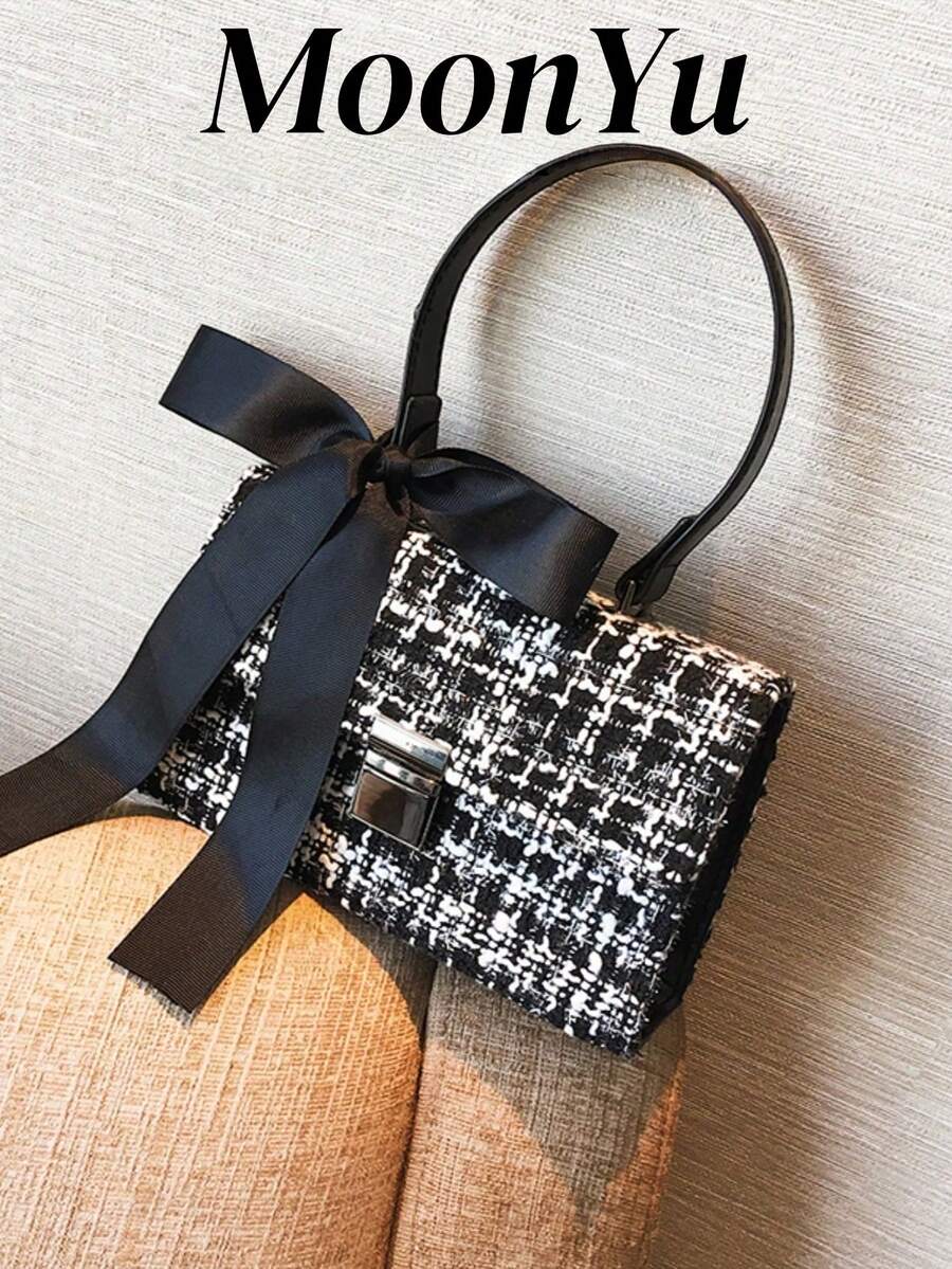 Women's Handbag/Shoulder Bag, Black & White Striped, Fashionable & Elegant Bow Decor Square Flap Closure, Suitable For Women, Girls, College Students
