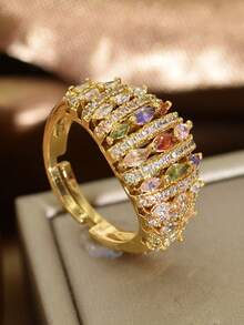 خاتم مطلي بالذهب بتصميم هندسي من الزركونيا القابل للتعديل، إكسسوار فاخر وأنيق مناسب للارتداء اليومي للنساء، للزفاف، الحفلات، السفر، وكهدية لعيد الفطر/عيد الأضحى