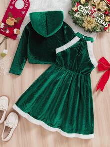 Girls Christmas Plush Set: Hooded Jacket + Sleeveless Dress, Fluffy Trim Decor, Suitable For Holiday Parties & Gatherings, Soft Plush Fabric, Red & White Fluffy Trim Creates Festive Christmas Vibe. Hooded Jacket For Warmth, Sleeveless Dress With Adorable Neckline Design, Autumn/Winter - Green - View 2