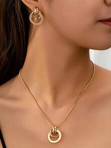 YUNCHUN 3pcs/Set Fashionable Metal Geometric Circle Jewelry Set For Women, Versatile Design Suitable For Daily Wear And Various Occasions - Gold - View 3