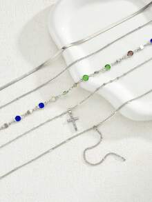 5 件复古金属十字架吊坠 Y 型项链，波西米亚风格彩色水晶吊坠项链套装，适合女性日常、度假、派对、约会、送给朋友的节日礼物 - 銀色 - 查看 8