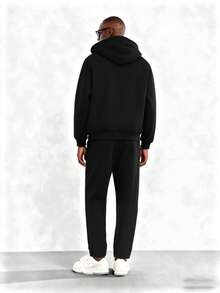 Men's Outfit: Fashionable Hooded Sweatshirt Sweatshirt With Drawstring Waist Contrast Zipper Design Pants, Suitable For Autumn/Winter - Black - View 6