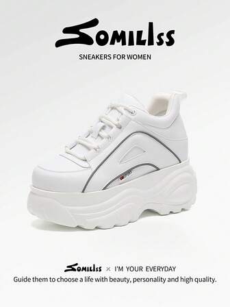 somiliss 1双女士休闲系带运动鞋，2025秋冬新款时尚低帮厚底舒适步行鞋，人造革材质，增高8厘米，户外运动，白色