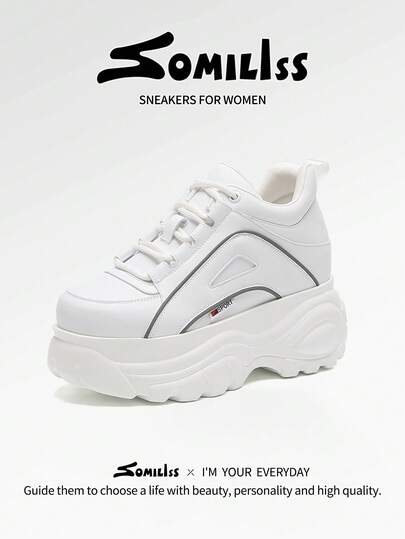 somiliss 1 par de zapatillas casuales con cordones para mujer, nueva moda otoño/invierno 2025 de suela gruesa y cómoda para caminar, de piel sintética, con aumento de altura de 8 cm, para deportes al aire libre, color blanco