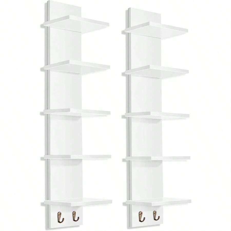 5 Tier Wall Shelf Unit With Hooks, Vertical Column Utility Shelving Home Decor And Storage Organizer, Wall - Mounted Floating Shelves Bathroom Storage, Bedroom 2 Pack - 白色+2裝 - 查看 1