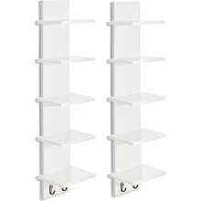 5 Tier Wall Shelf Unit With Hooks, Vertical Column Utility Shelving Home Decor And Storage Organizer, Wall - Mounted Floating Shelves Bathroom Storage, Bedroom 2 Pack - 白色+2裝 - 查看 9