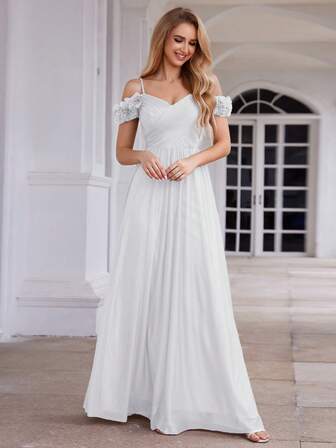 Elegante vestido de novia romántico con hombros descubiertos y tirantes de espagueti para bodas, vestidos blancos de novia para otoño e invierno, vestido formal blanco