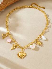 Colar com Pingente de Coração Banhado a Ouro 18K em Aço Inoxidável, Uso Diário da Moda para Mulheres