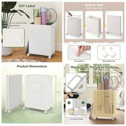 Yoga Storage Basket, Rolling Laundry Hamper With 2 Hooks And Lockable Wheels, Removable Lid, Handle, Collapsible Storage Box Home Gym, Bathroom, Bedroom Living Room