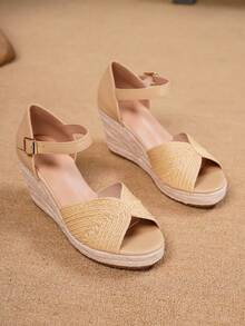 Women's Platform Wedge Sandals, Raffia Woven Open Toe Ankle Strap High Heel Shoes, Fashionable Summer Party & Vacation Heeled Sandals - Yellow - View 9