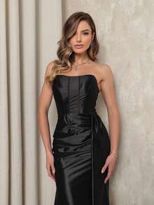 Elegant And Sexy Strapless Maxi Party Dress With Side Slit And Back Tie. Ideal For Bridesmaids/Smart Casual Attire/Wedding Guests/Graduates/Formal Occasions. - 黑色 - 查看 3