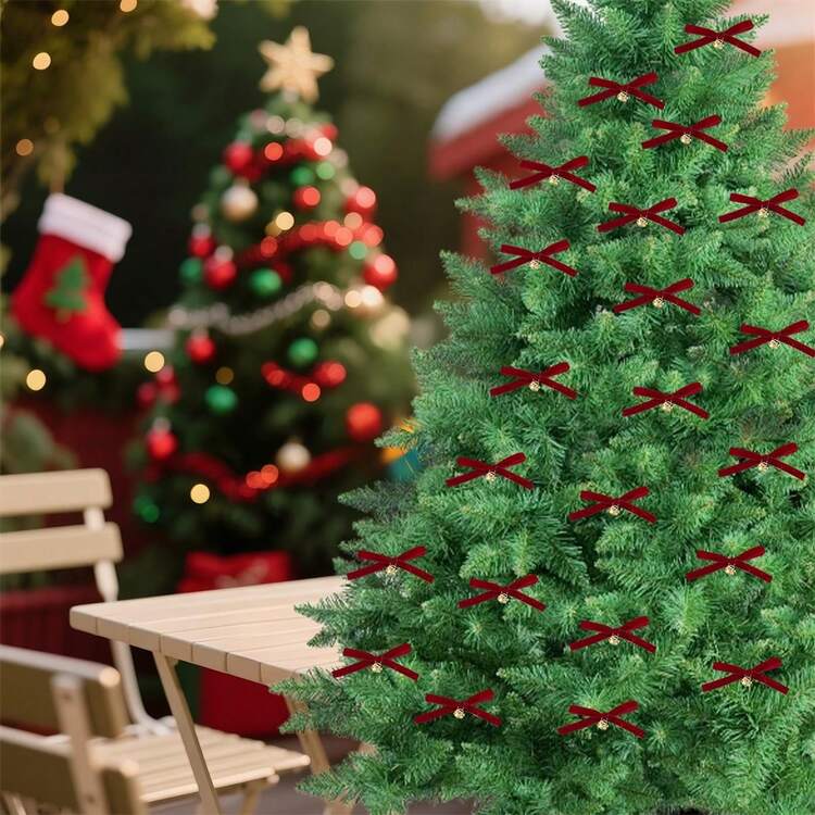 Adornos navideños de terciopelo con forma de lazo, adornos clásicos de campana, elegantes decoraciones colgantes para el hogar - Burdeos - Añade 4