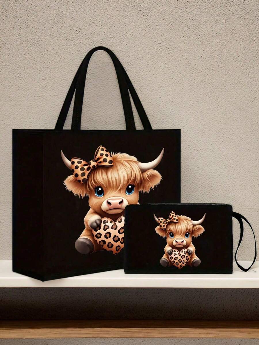 高地牛印花黑色亚麻手提包，可爱蝴蝶结爱心豹纹设计，高地牛图案，大容量化妆包，带提手，圣诞礼物，黑色亚麻零钱包，黑色格子购物袋，化妆包，饰有艺术字母和图案印花，适合女性日常使用，可用作便捷购物袋。教师节感谢礼物，女士大容量亚麻手提包，手提包和化妆包套装 - 彩色 - 查看 1