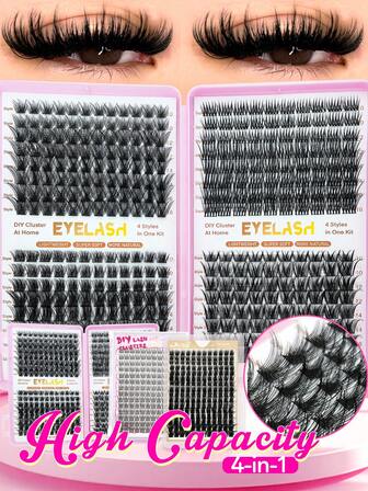 352 piezas Juego de extensiones de pestañas individuales y en racimos naturales D Curl de 10-16 mm, 4 estilos, para uso diario, citas y fiestas, cómodas y naturales para hacer en casa