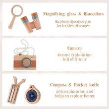 1盒户外木制玩具，儿童探险套装，包含木制望远镜、相机、放大镜、指南针，户外玩具，角色扮演玩具，昆虫观察玩具，适合3岁以上幼儿，男孩女孩皆宜，圣诞礼物