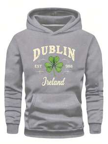 Dreiklee Men's Plus Size Hoodie - Dublin Ireland Pattern Print, Loose Fit Gray Casual Sweatshirt With Front Pocket, Machine Washable, Large Size - 黑色 - 查看 5