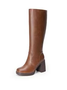Women's Chunky Block Heel Knee High Boots Square Toe  Side Zipper Platform Solid Color Fashionable Gogo Boots - Mocha Brown - View 4