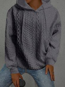 Sweat-shirt à capuche à manches longues ample et décontracté en tricot jacquard de couleur unie pour femmes grandes tailles