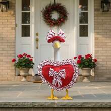 Disfraz de ganso de jardín con lazo frontal y corazón, ideal para decorar una estatua de ganso o un patio. - Rojo - Ver 2