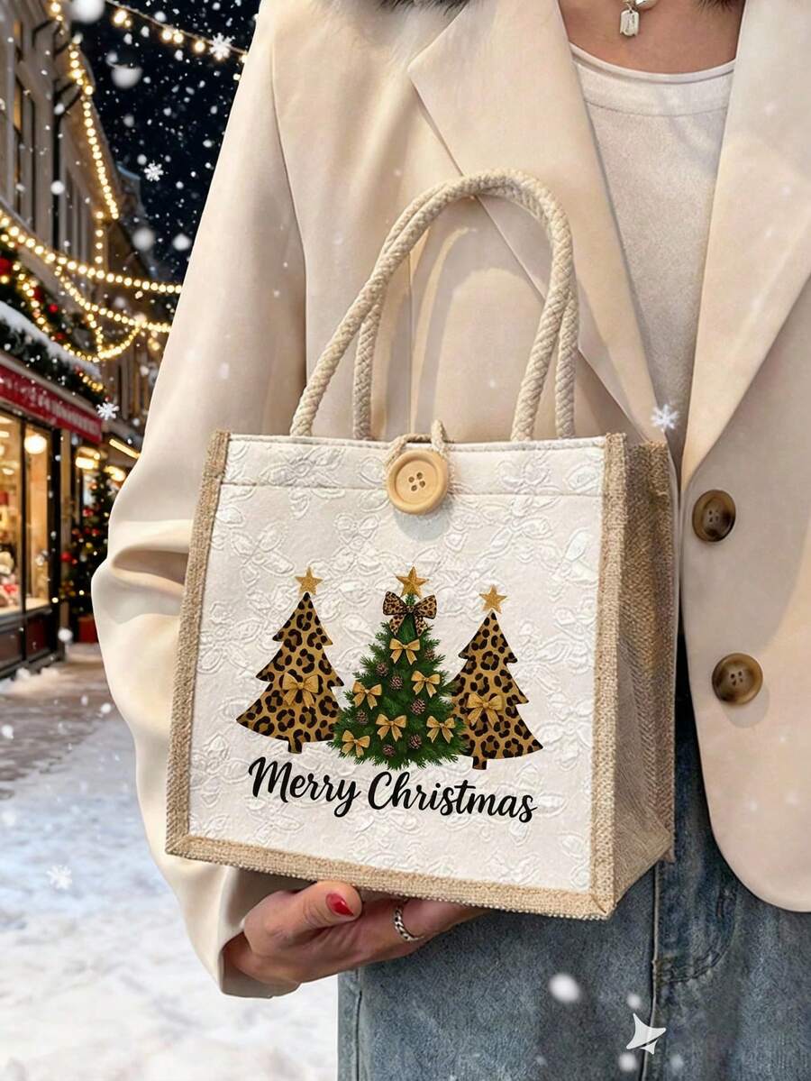 Weihnachts-Muster Leinen Einkaufstasche, wiederverwendbare bedruckte Handtasche für Frauen, Einkaufstasche mit doppelten Griffen, große Kapazität Schultertasche, lässige Einkaufstasche, Weihnachts-Aufbewahrungstasche, geeignet für Pendeln, Schule, Einkaufen, Outdoor-Aktivitäten, tolles Geschenk für Freunde, Freundinnen, Lehrer, perfekt für Urlaub und Feiertage - Verschiedenfarbig - Übersicht 1