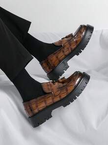 Mocassins Casuais Masculinos, Estilo Retrô Xadrez com Decoração de Borla, Adequado para Casamento, Uso no Escritório