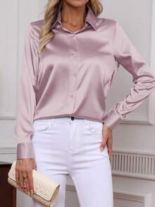 Áo sơ mi dài tay cài cúc màu trơn thanh lịch mới năm 2026, kiểu dáng cổ điển dành cho nữ, thích hợp mặc đi làm. - Màu tím hoa cà - Xem 7