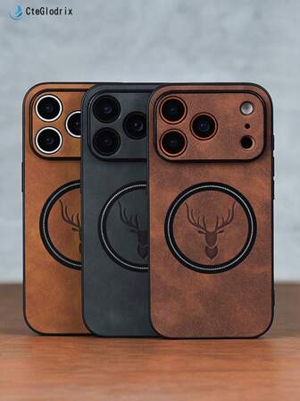 Funda de teléfono de piel de oveja sintética vintage de lujo, compatible con iPhone 17 16 15 14 13 12 11 Pro Max Plus, compatible con carga inalámbrica magnética, funda para iPhone 17 Pro Max, bordes suaves con patrón de cabeza de ciervo, cubierta protectora resistente a golpes