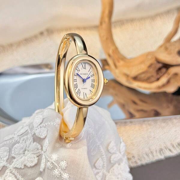 1pc Women's Oval Bathtub Alloy Bangle Watch, Roman Numeral Dial, Elegant Petite Quartz Watch Bracelet, Easy To Wear