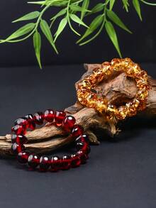 1 件独特琥珀蜂蜡手链 - 手工制作的天然宝石首饰 DIY 蜂蜡琥珀串珠弹性手链，男女皆宜，适合日常佩戴