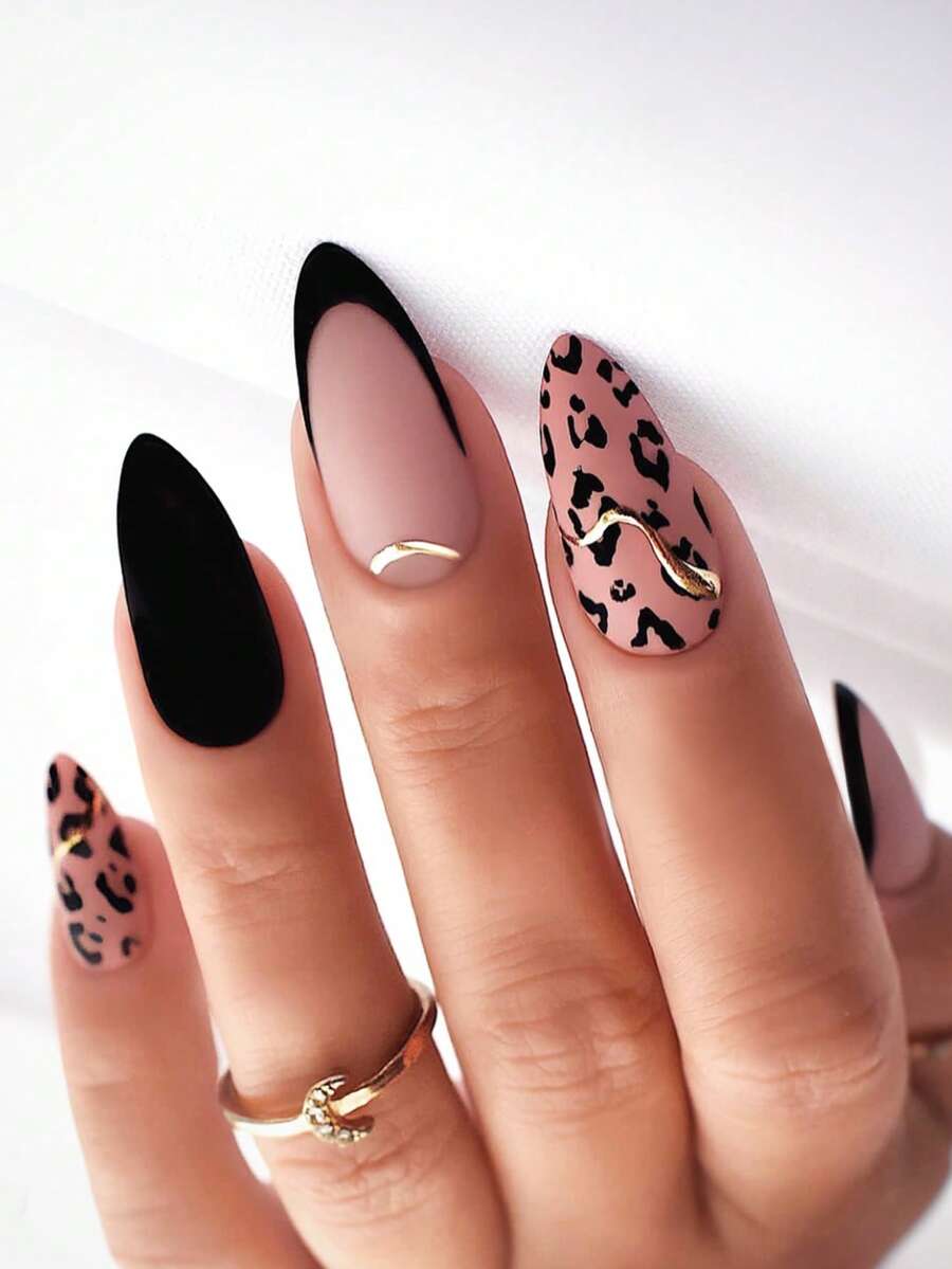 24片法式美甲贴纸，中号杏仁形，豹纹装饰，金色闪粉复古风格，哑光表面，全覆盖假指甲，适合女性和女孩日常佩戴的美甲用品 - 彩色 - 查看 1