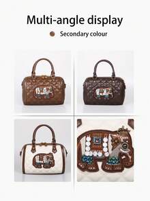 Geantă de pernă Boston cu model de elefant brodat, vintage nouă, la modă, 2025, geantă de mână pentru femei cu model de bowling, versatilă și rafinată, geantă de umăr crossbody de mare capacitate pentru navetiști