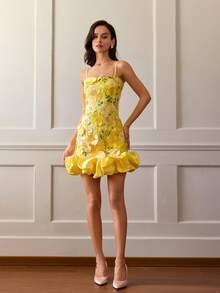 Women's Elegant 3D Applique Embroidery Slip Dress, Fabric Splicing, Floral, Backless Design, Suitable For Valentine's Day, Spring And Summer