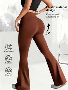 女士高腰喇叭裤，交叉弹力腰带设计，休闲百搭修身阔腿裤，弹力涤纶面料，可机洗，凸显曲线，瑜伽/健身紧身打底裤，高腰提臀收腹裤 - 柔软面料 - 棕色 - 查看 5