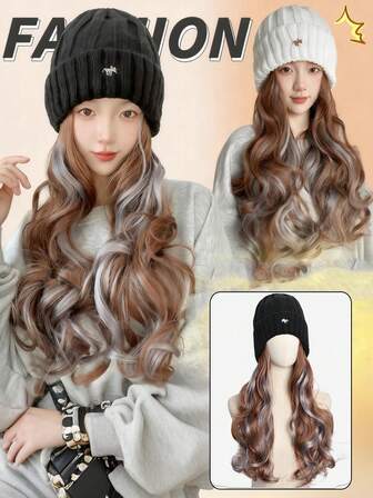18英寸合成纤维针织帽假发，长款波浪卷发黑色（白色）帽子假发，带合成发片，适合女性和女孩冬季佩戴 - 冷棕色/黑色